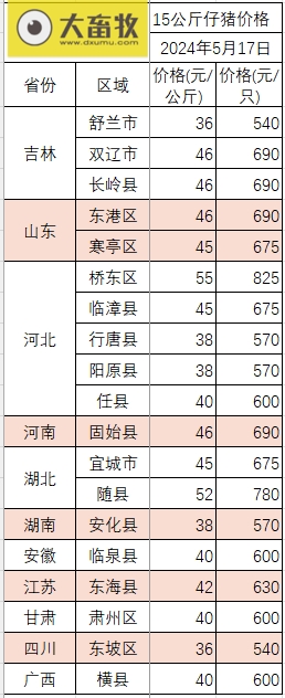 2024.05.17今日猪价——大部分继续上涨,均价为近3个月最高