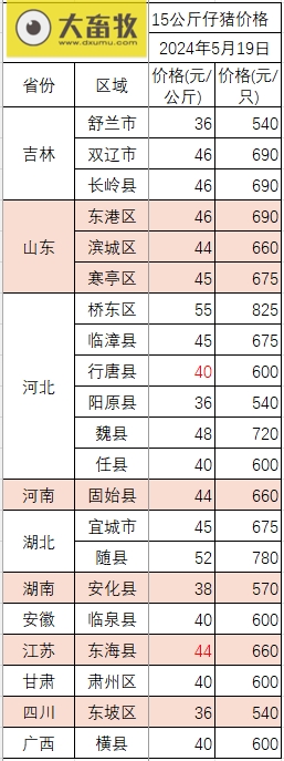 2024.05.19今日猪价——连续5天上涨，有16省突破8元