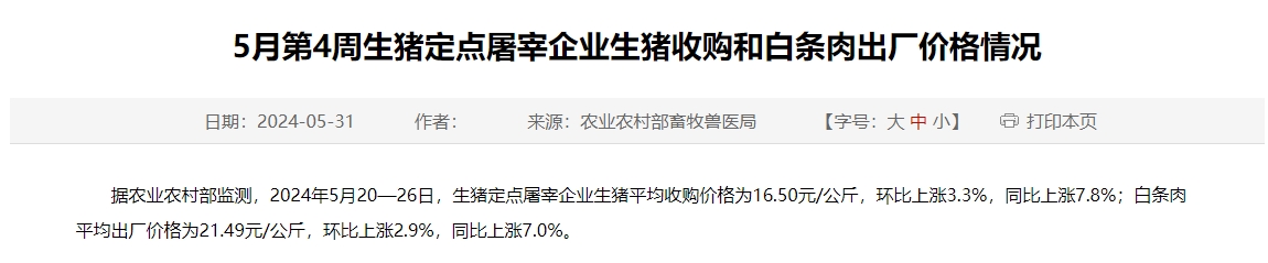 2024年5月第4周生猪定点屠宰企业生猪收购和白条肉出厂价格情况