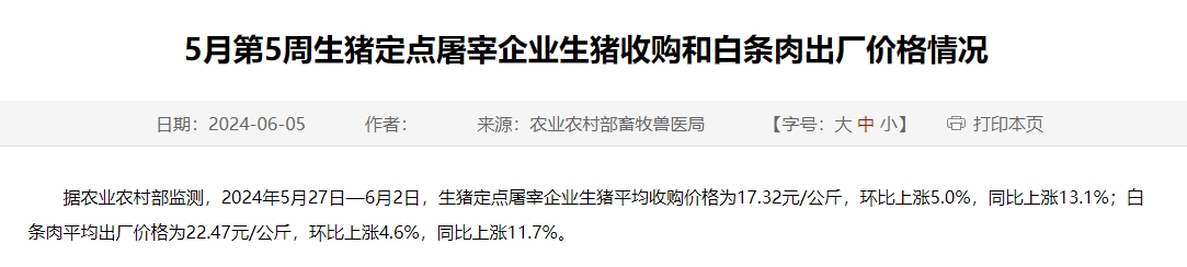 2024年5月第5周生猪定点屠宰企业生猪收购和白条肉出厂价格情况