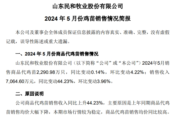 益生、民和和晓鸣2024年5月鸡苗销售情况