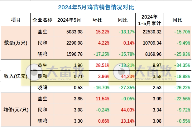 益生、民和和晓鸣2024年5月鸡苗销售情况