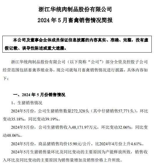 华统、中粮、罗牛山和益生2024年5月生猪销售情况