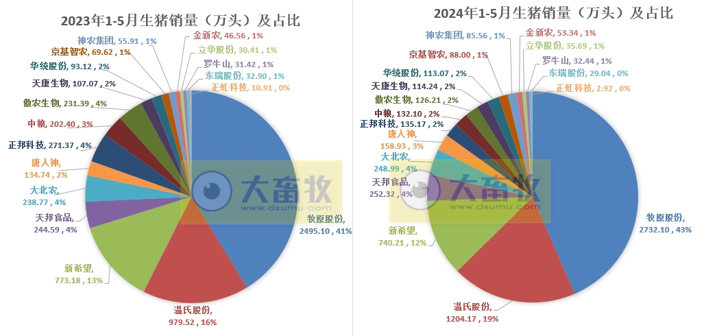 18家上市猪企2024年5月生猪销售业绩和生产指标PK
