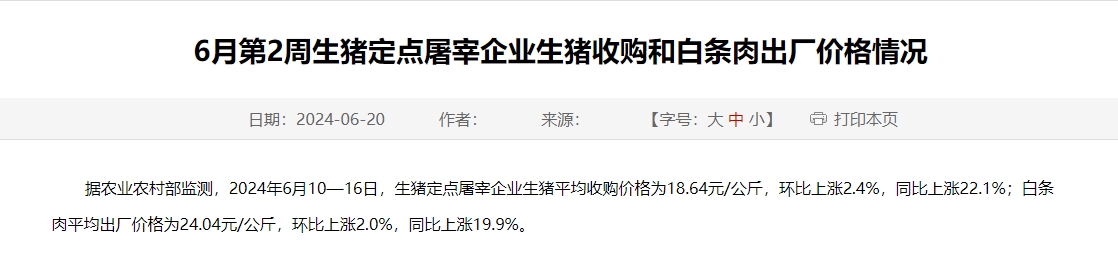 2024年6月第2周生猪定点屠宰企业生猪收购和白条肉出厂价格情况