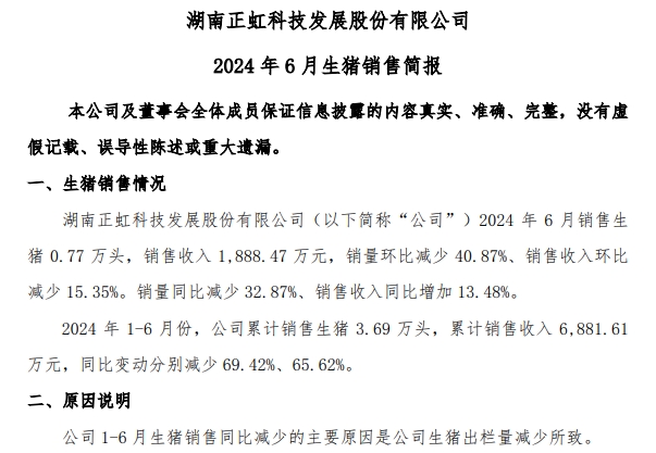 神农、傲农、东瑞和正虹2024年6月及上半年生猪销售情况