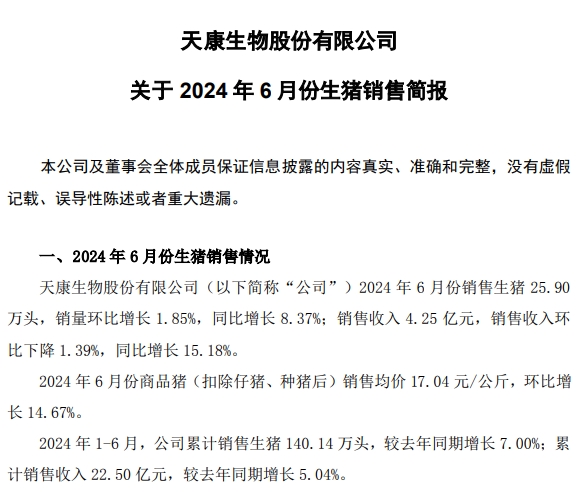 中粮、天康、京基和金新农2024年6月及上半年生猪销售情况