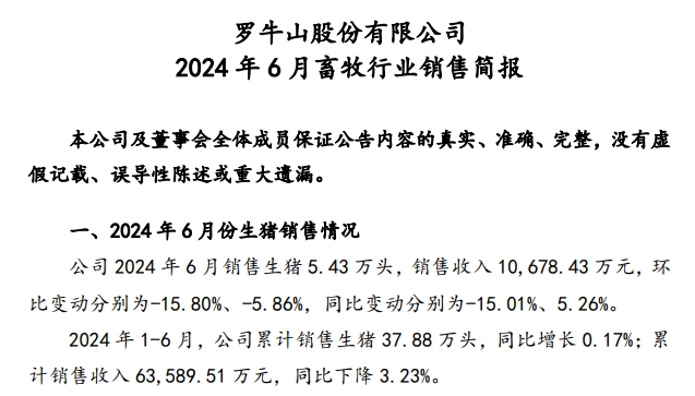 华统、罗牛山和益生2024年6月及上半年生猪销售情况