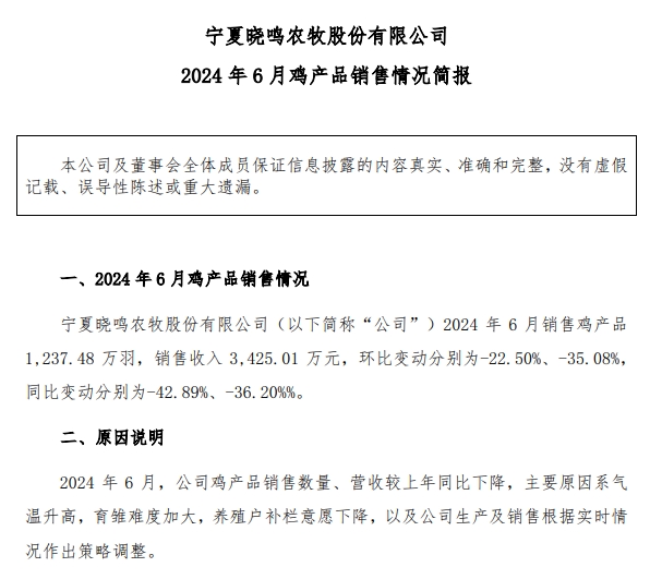 益生、民和和晓鸣2024年6月及上半年鸡苗销售情况