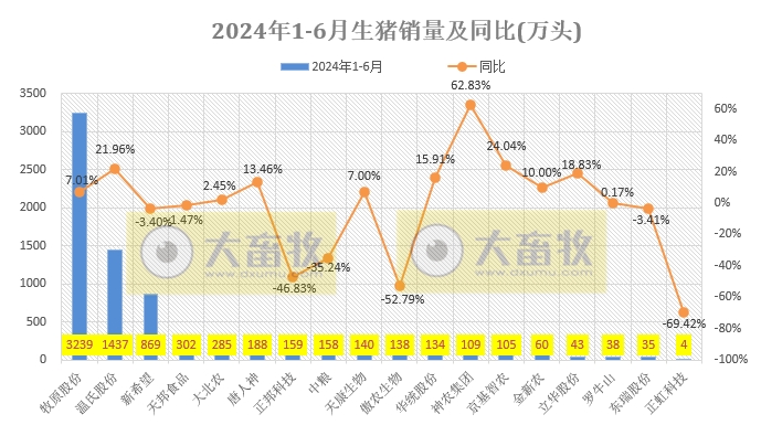 18家上市猪企2024年6月及上半年生猪销售业绩和生产指标PK