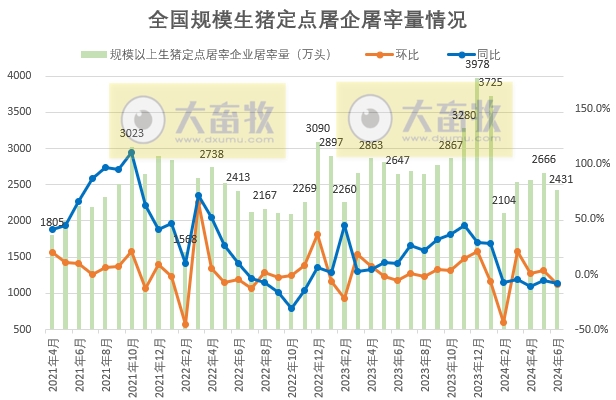 2024年6月全国规模以上生猪定点屠宰企业屠宰情况
