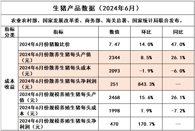2024年6月生猪养殖成本和收益情况