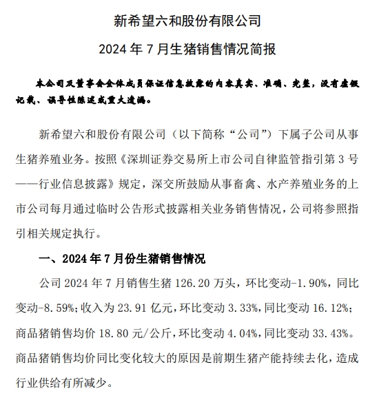 新希望、大北农、唐人神和正邦2024年7月生猪销售情况