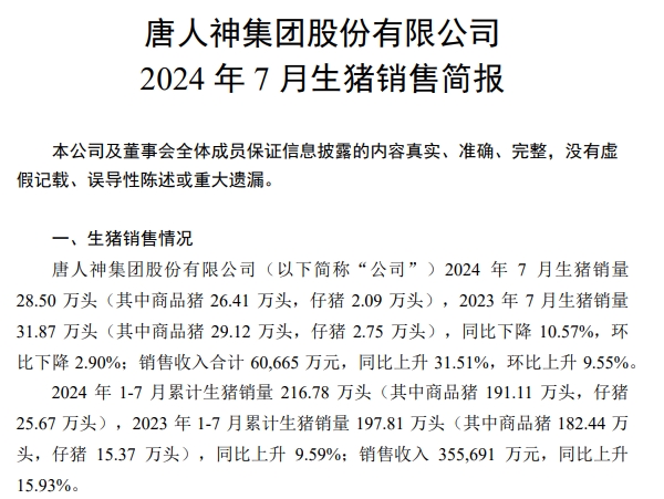 新希望、大北农、唐人神和正邦2024年7月生猪销售情况