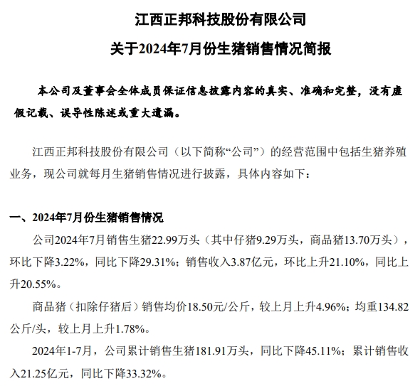 新希望、大北农、唐人神和正邦2024年7月生猪销售情况