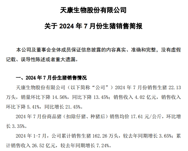 中粮、天康、神农和傲农2024年7月生猪销售情况