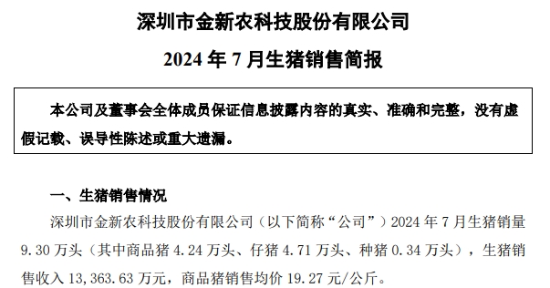 京基、金新农、罗牛山和东瑞2024年7月生猪销售情况