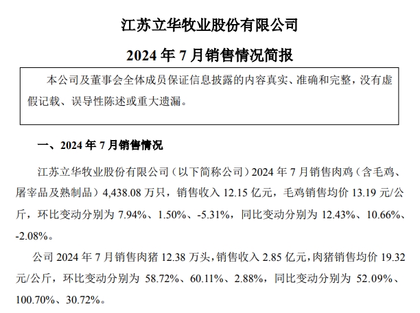 立华股份2024年7月肉鸡和肉猪销售情况