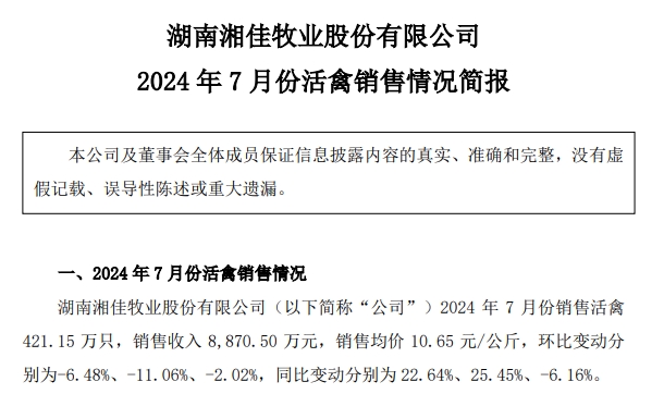温氏、立华和湘佳2024年7月肉鸡销售情况