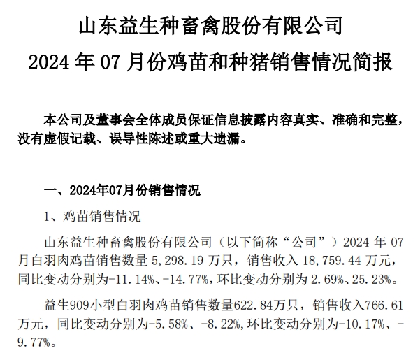 益生、民和和晓鸣2024年7月鸡苗销售情况