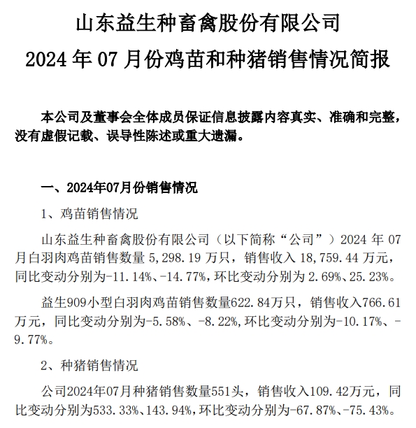 益生股份2024年7月鸡苗和种猪销售情况