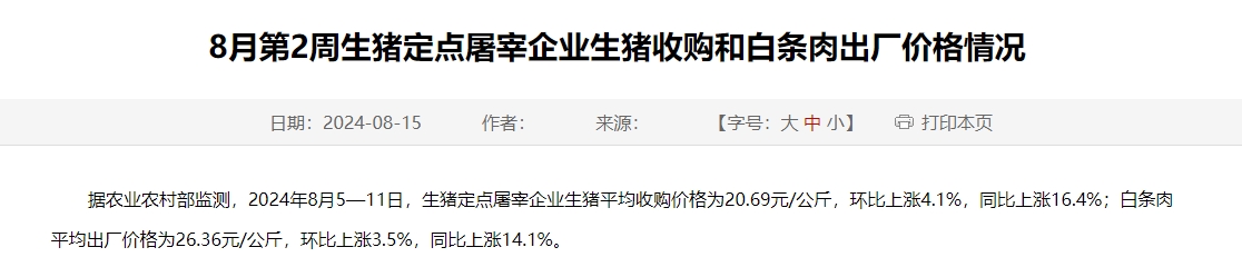 农业农村部:生猪收购价和白条肉出厂价同环比均上涨,涨幅扩大——8月第2周生猪定点屠宰企业生猪收购和白条肉出厂价格情况