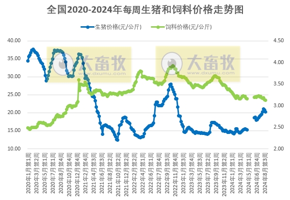 发改委：二次育肥补栏热度升温，市场供应有所减少，猪肉消费需求有支撑，预计短期内猪价下降空间有限——2024年8月第4周全国猪粮比情况
