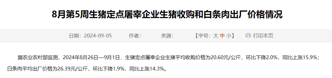 农业农村部:生猪收购价和白条肉出厂价环比下跌,同比上涨——8月第5周生猪定点屠宰企业生猪收购和白条肉出厂价格情况
