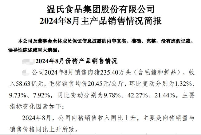 温氏股份2024年8月肉猪和肉鸡销售及生产情况