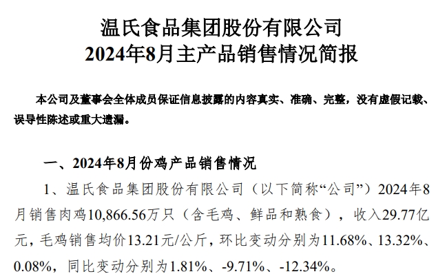 温氏股份2024年8月肉猪和肉鸡销售及生产情况