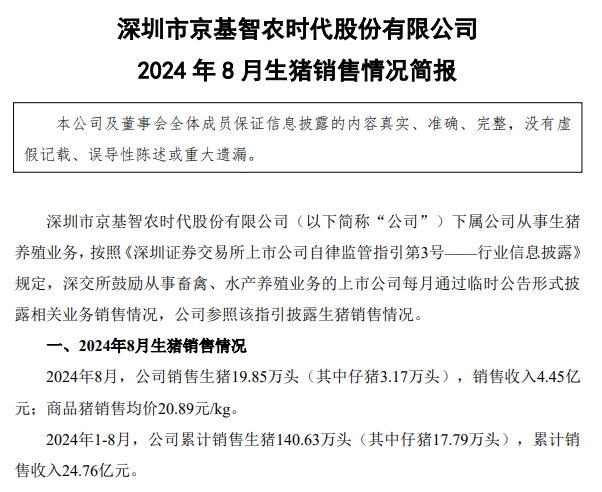 京基、神农和傲农2024年8月生猪销售情况