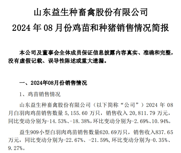 益生、民和和晓鸣2024年8月鸡苗销售情况