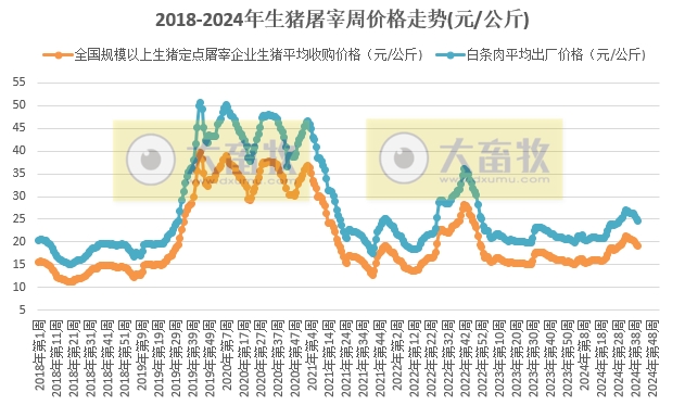 农业农村部：生猪收购价和白条肉出厂价环比连7周下跌，跌幅收窄——10月第1周生猪定点屠宰企业生猪收购和白条肉出厂价格情况