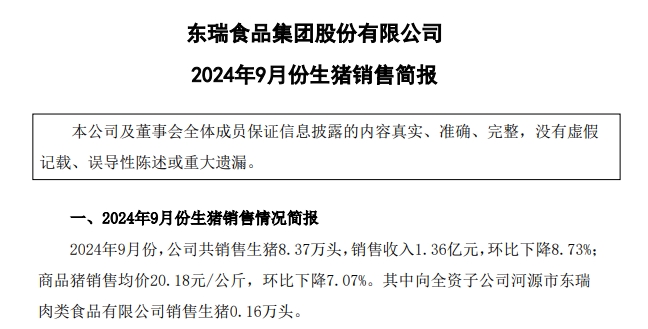 金新农、东瑞和罗牛山2024年9月及前三季度生猪销售情况