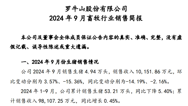 金新农、东瑞和罗牛山2024年9月及前三季度生猪销售情况