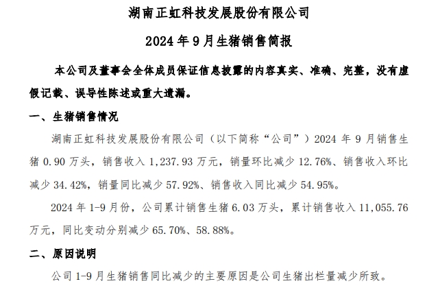 华统、正虹和益生2024年9月及前三季度生猪销售情况