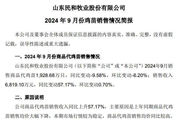 益生、民和和晓鸣2024年9月鸡苗销售情况