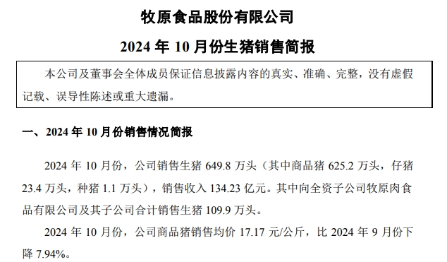 牧原股份2024年10月生猪销售情况