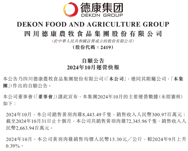 德康农牧2024年10月生猪和黄羽肉鸡销售情况