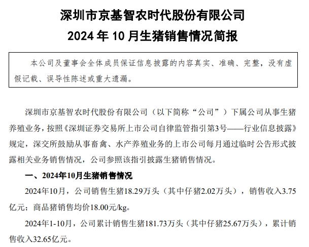 京基智农2024年10月生猪销售及前三季度公司业绩情况