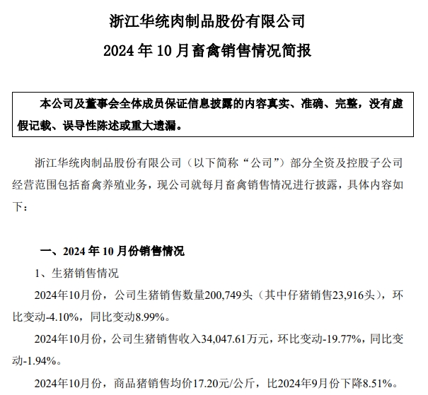 华统股份2024年10月生猪销售及前三季度公司业绩情况