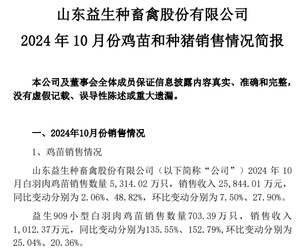 益生、民和和晓鸣2024年10月鸡苗销售情况