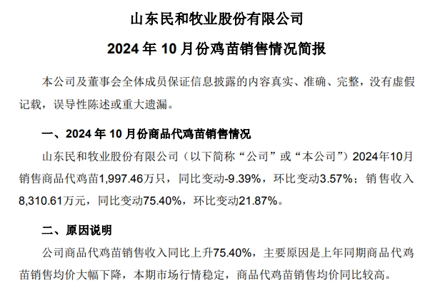 益生、民和和晓鸣2024年10月鸡苗销售情况