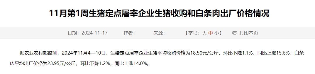 农业农村部：生猪收购价和白条肉出厂价环比连续12周下跌，跌幅扩大——11月第1周生猪定点屠宰企业生猪收购和白条肉出厂价格情况