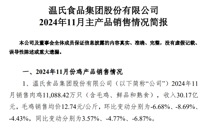 单月肉猪收入首次突破60亿,前11月肉鸡销量突破11亿只——温氏股份2024年11月肉猪和肉鸡销售情况
