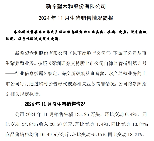 德康创新高，新希望接近年度目标——新希望和德康2024年11月及前11月生猪销售情况