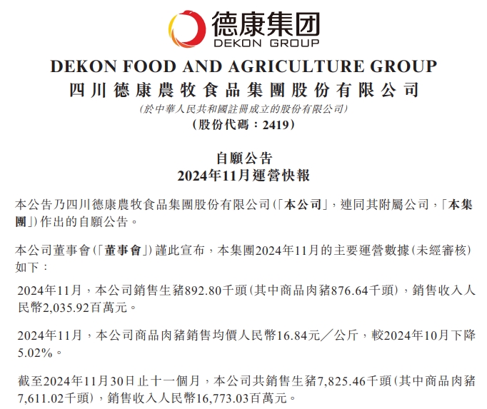 德康创新高，新希望接近年度目标——新希望和德康2024年11月及前11月生猪销售情况