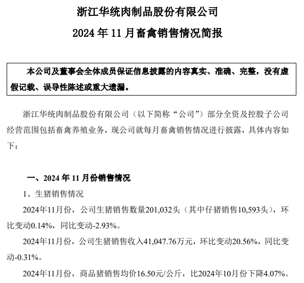 天康和华统2024年11月及前11月生猪销售情况
