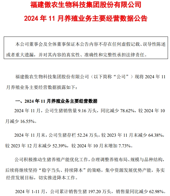 神农生猪销售有突破,傲农销量再创新低——部分上市猪企2024年11月及前11月生猪销售情况