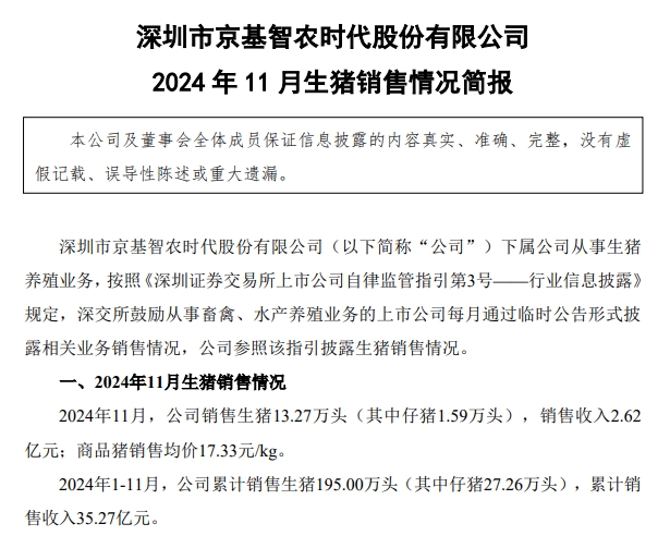 立华连续3个月创新高、金新农和东瑞销量下降,京基降至近2年最低——部分上市猪企2024年11月及前11月生猪销售情况